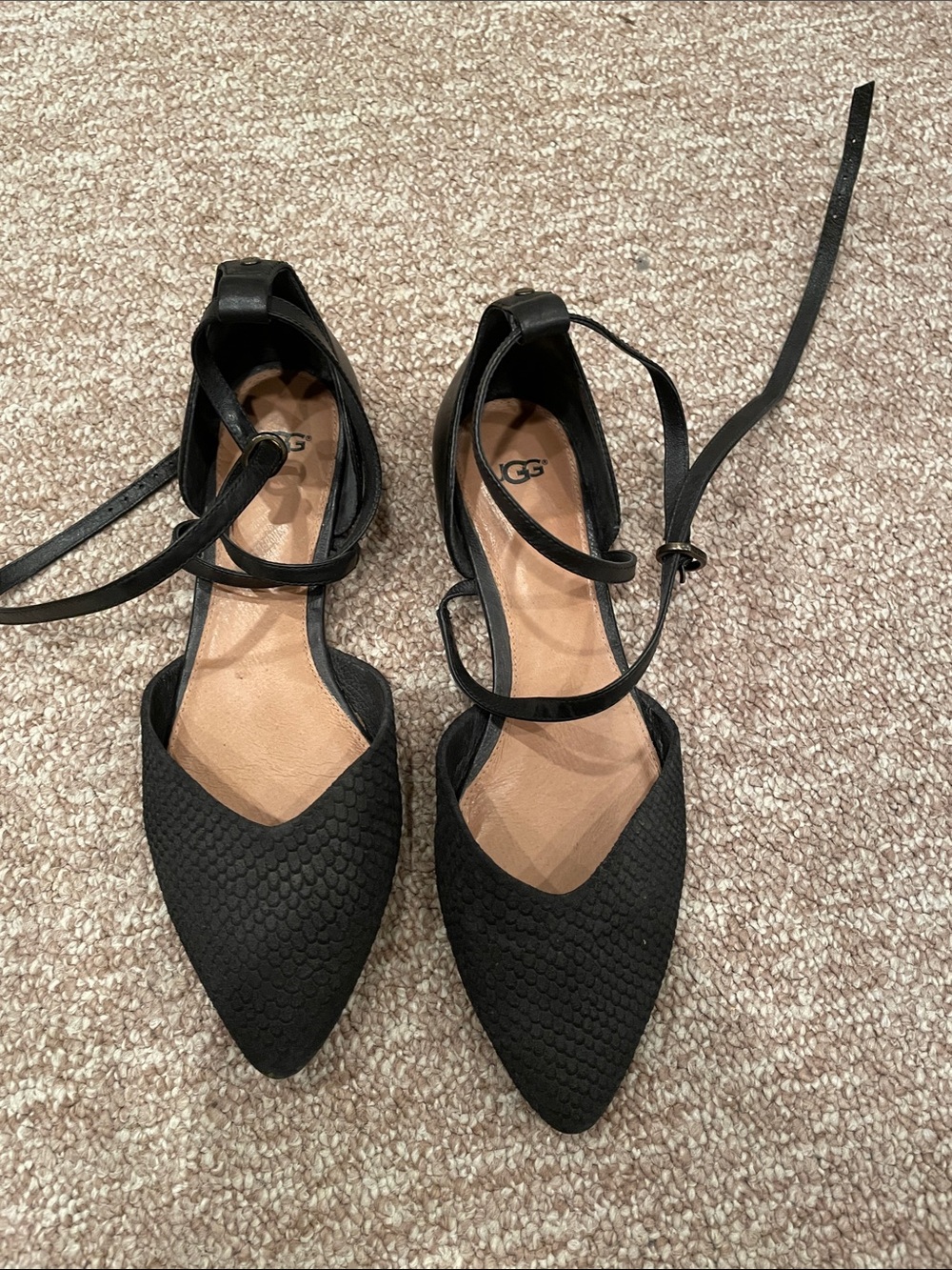 UGG Black Textured Pointed Flats with Ankle Tie